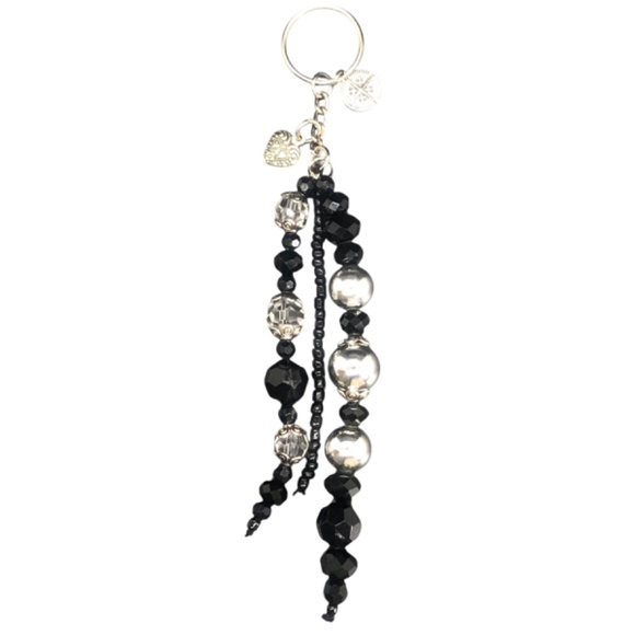 Beaded Keychain | 3 Strands w/ Black Faceted Onyx, Seed Beads + Heart & Compass - Picture 4 of 16